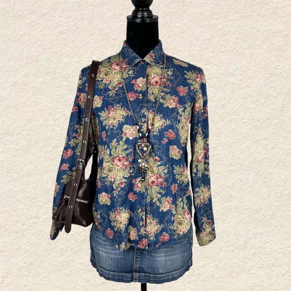 Liz Claiborne Petite Floral Blue Women's Long Sleeve Button Down Top